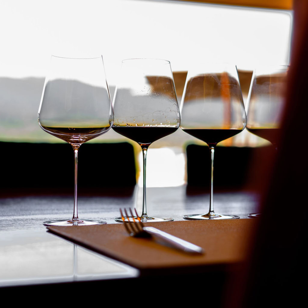 Wine glasses at tasting.